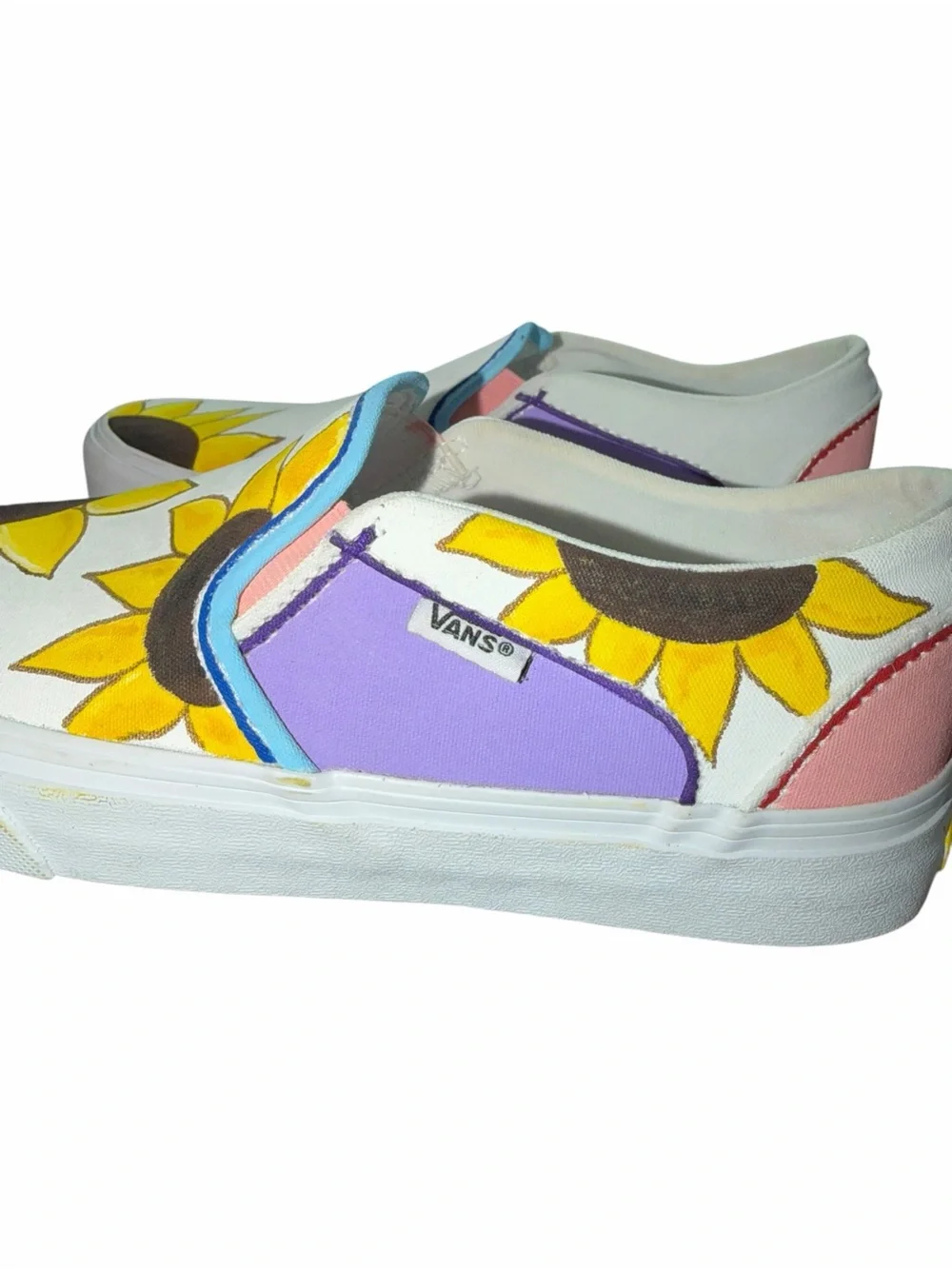 Vans Women’s White Custom Hand Painted Yellow Sunflower Slip-On Shoes 8.5