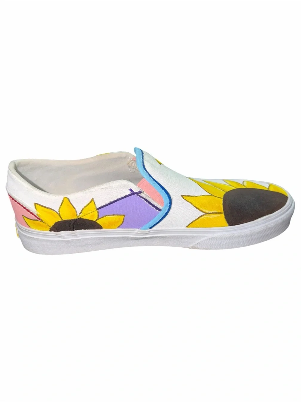 Vans Women’s White Custom Hand Painted Yellow Sunflower Slip-On Shoes 8.5