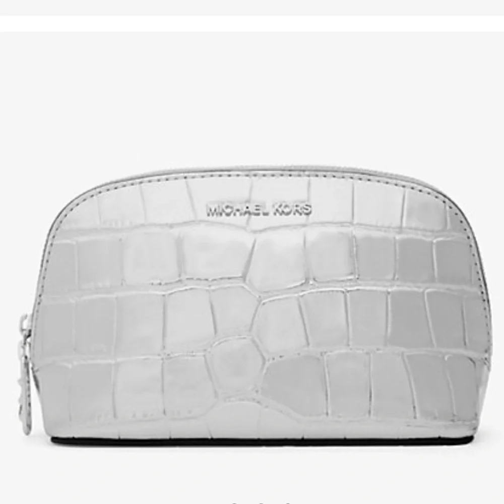 Michael Kors Empire Sm Metallic Crocodile Embossed Leather Travel Pouch Silver