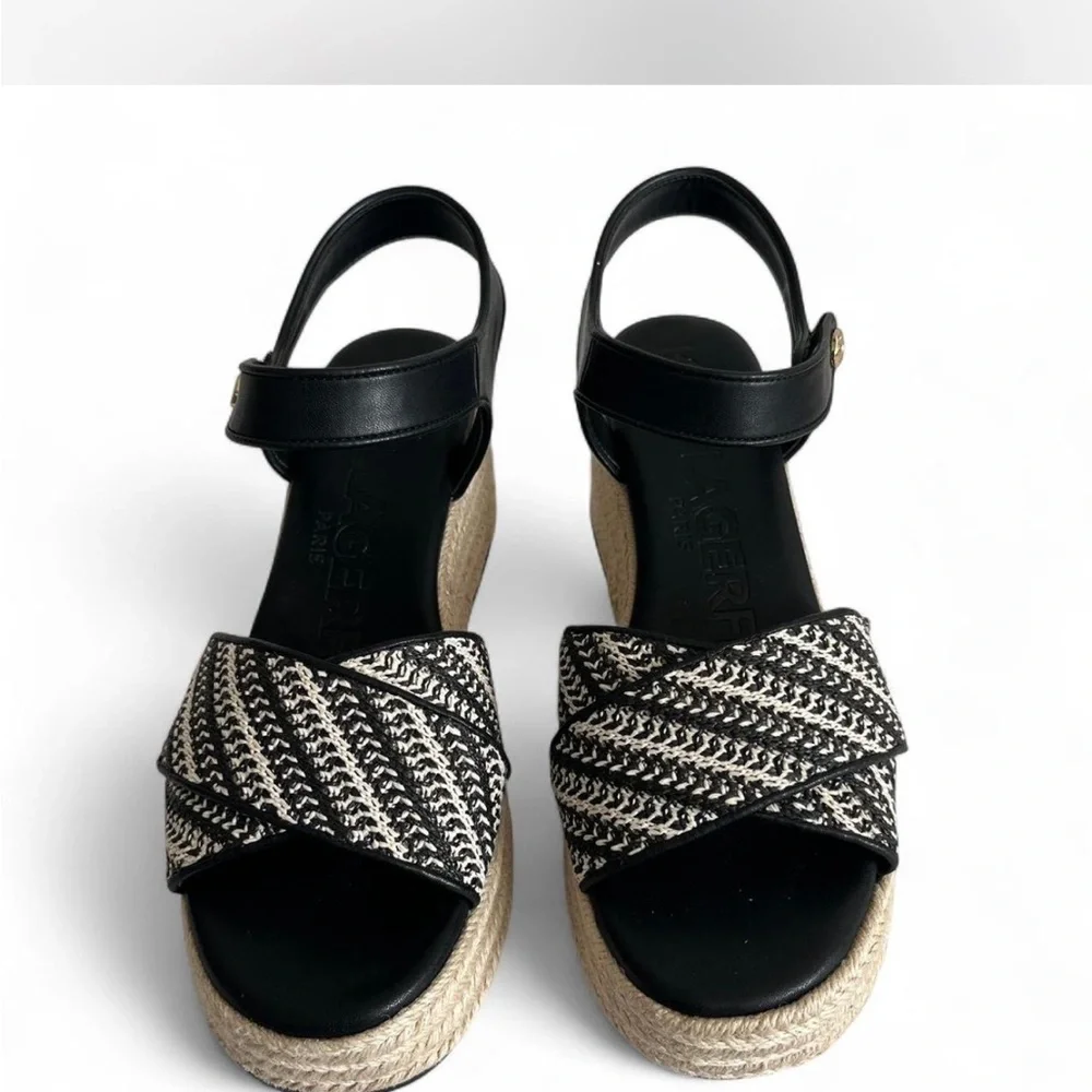 Karl Lagerfeld Paris Espadrille Platform Wedge Sandals Black Cream Sz 10