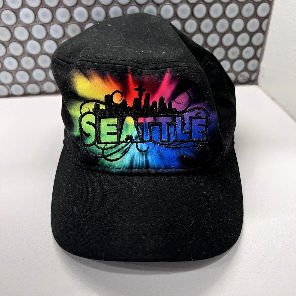 Seattle Hat Cap Adult Hat Black Strap Back Adjustable‎ Colorful Rainbow