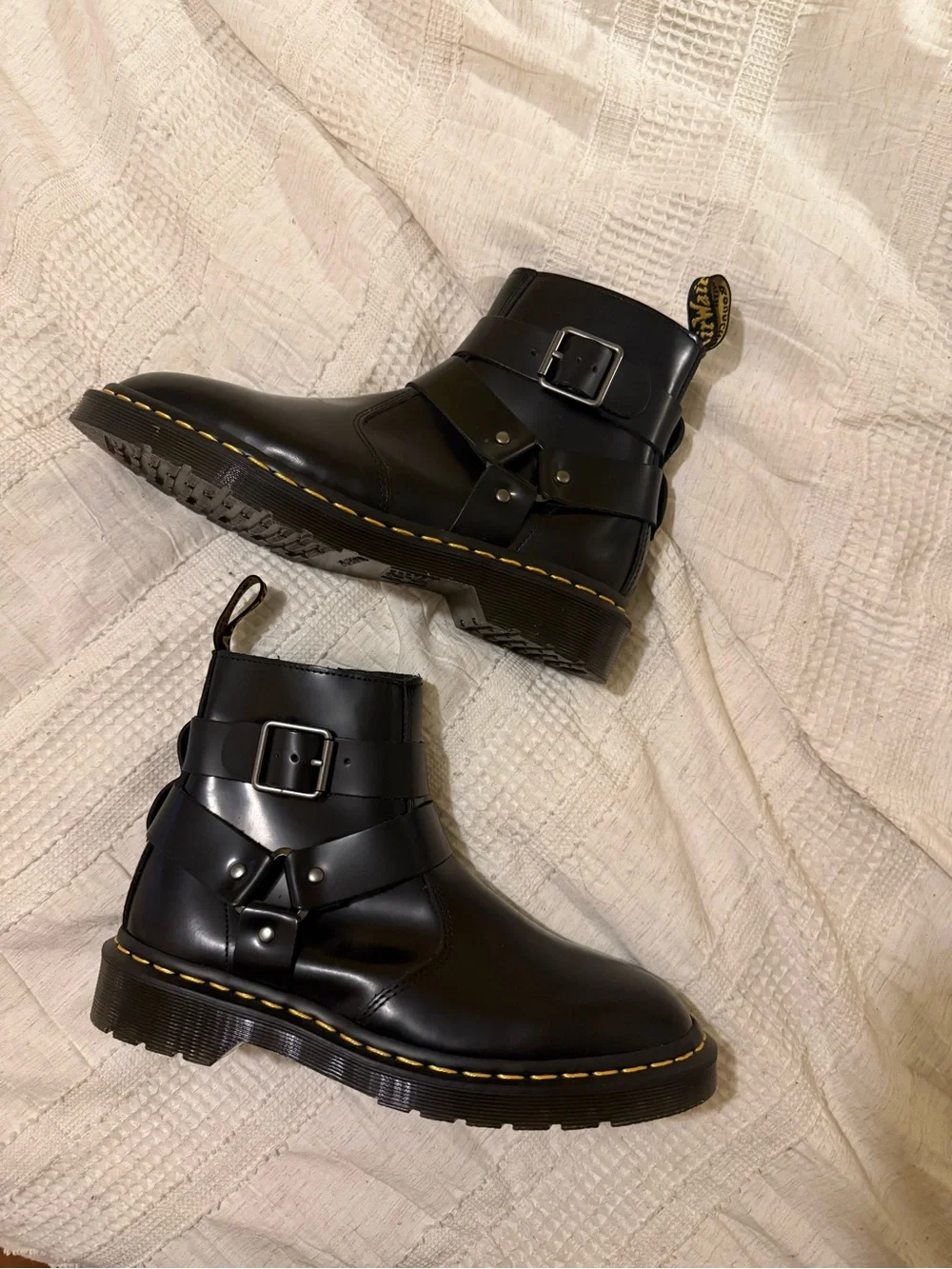 Dr. Martens Black Leather Harness Boots with Yellow Welt Stitching