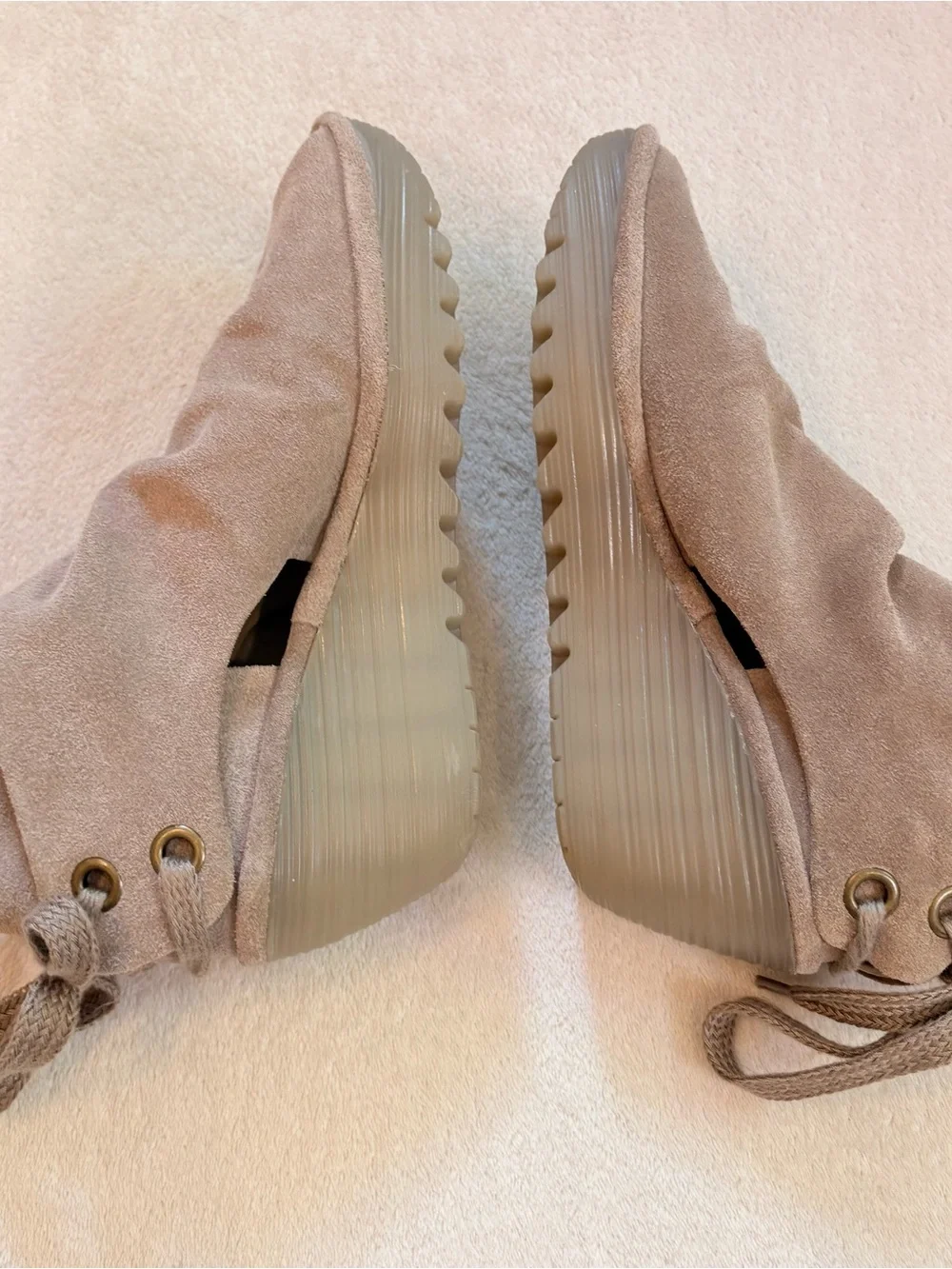Fly London Yema Peep Toe Taupe Suede Open-Toe Wedge Booties Sz 39 — NWOT