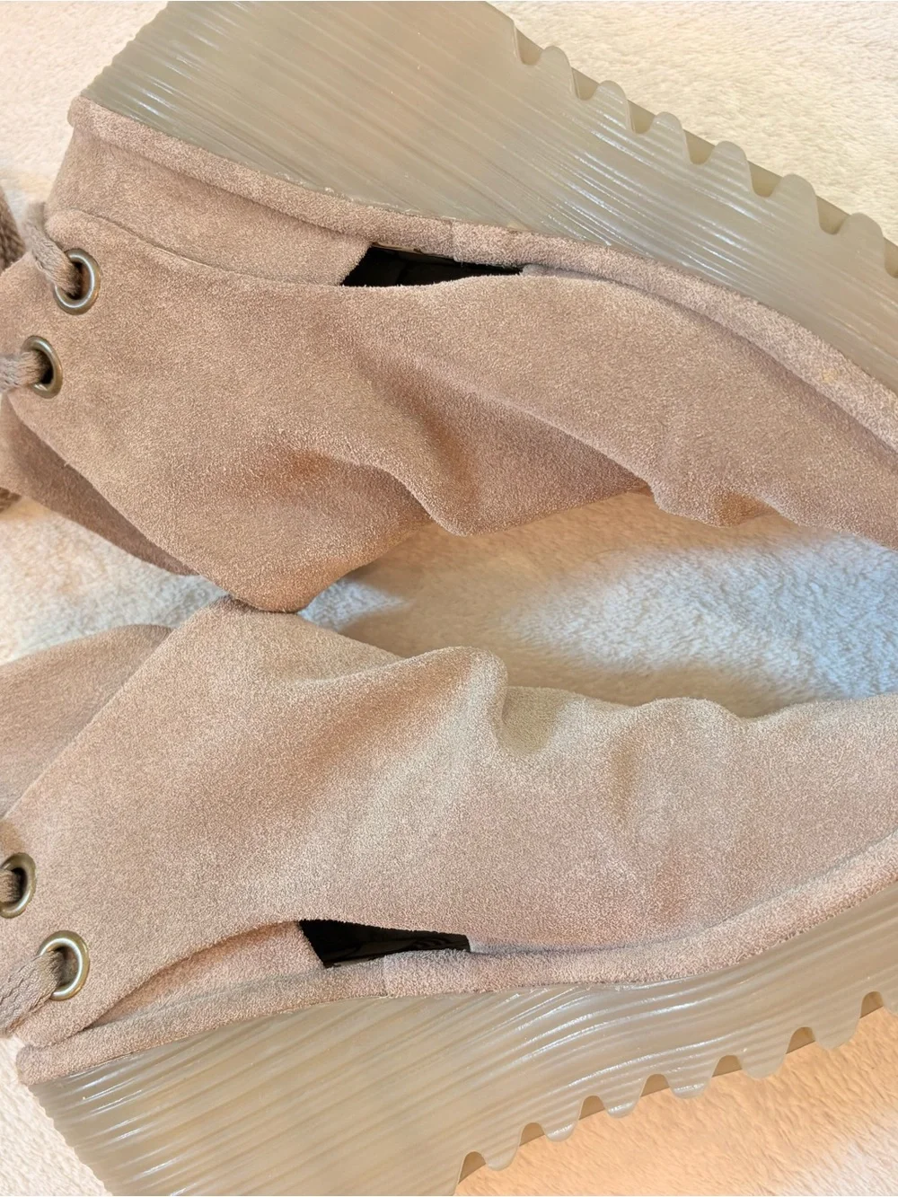 Fly London Yema Peep Toe Taupe Suede Open-Toe Wedge Booties Sz 39 — NWOT