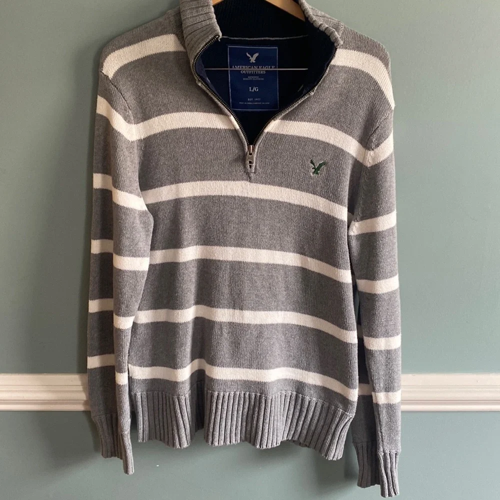 VTG American Eagle Sweater Mens L Long Sleeve 1/4 Zip Stripe Knit Gray Y2K