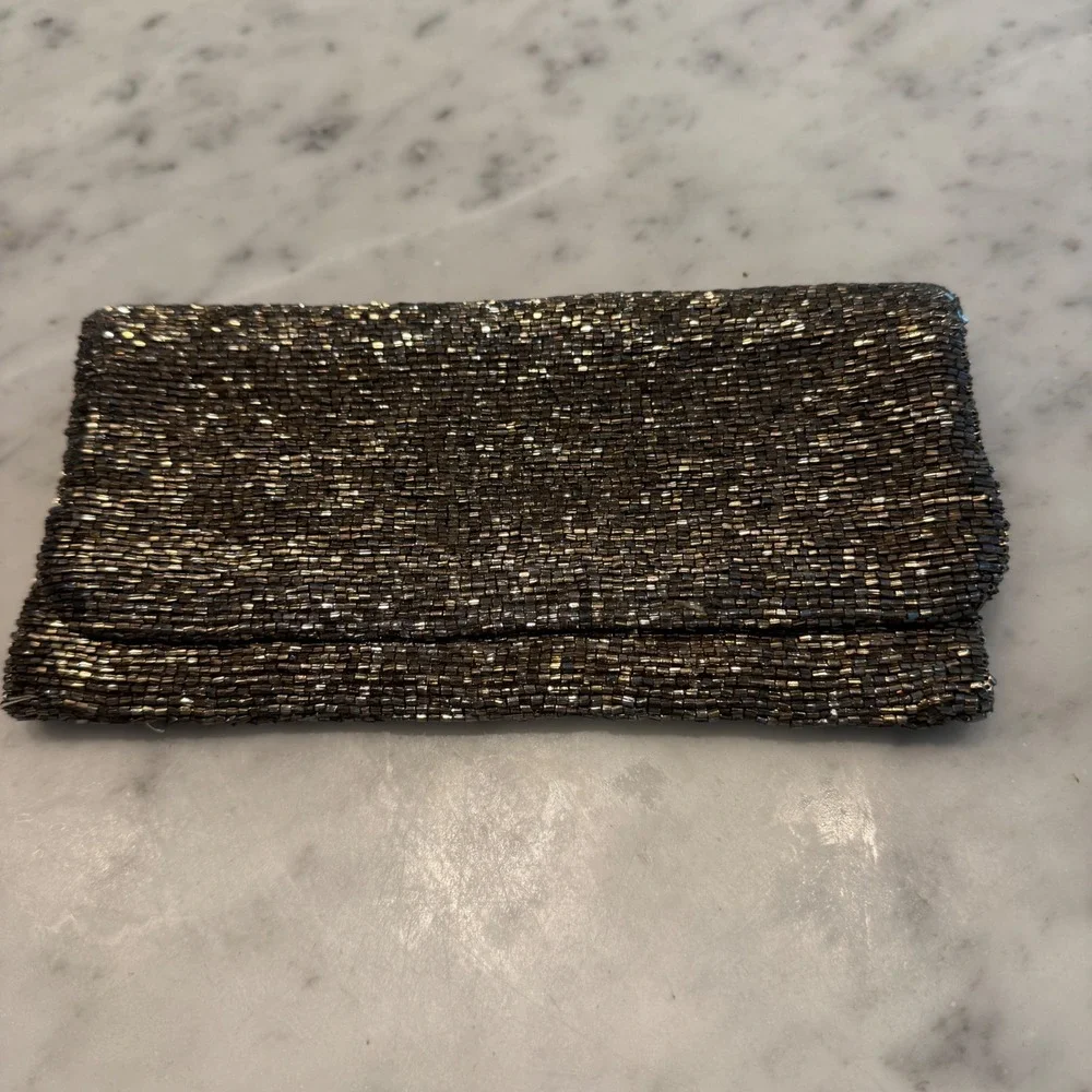 Moyna Metallic Bronze Beaded Foldover Clutch Evening Bag Zipper Closure Handbag