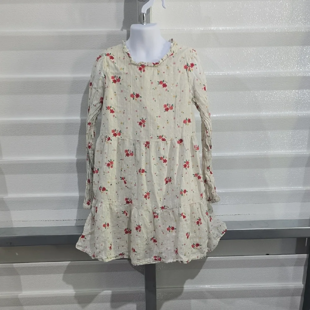 Cat & Jack Cream Red Floral Bishop Long‎  Sleeve Dress Size 7/8