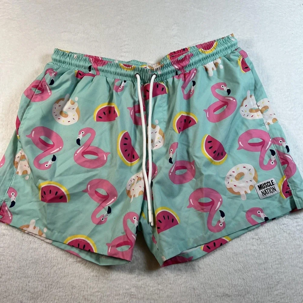Muscle‎ Nation Swim Trunks Shorts Mens XL Flamingo Donut Watermelon Fun Print