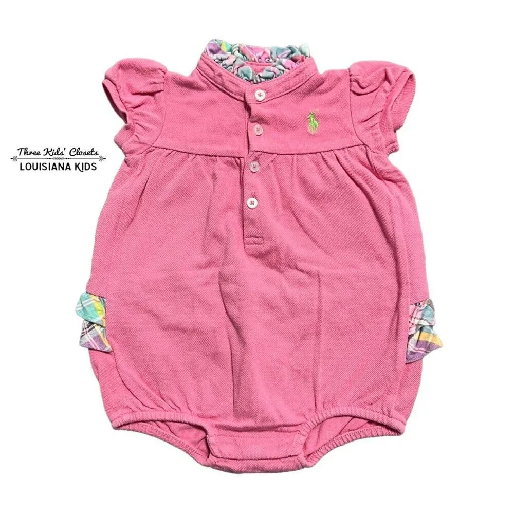 Ralph Lauren 3m Pink & Pastel Plaid Ruffle Bubble Romper