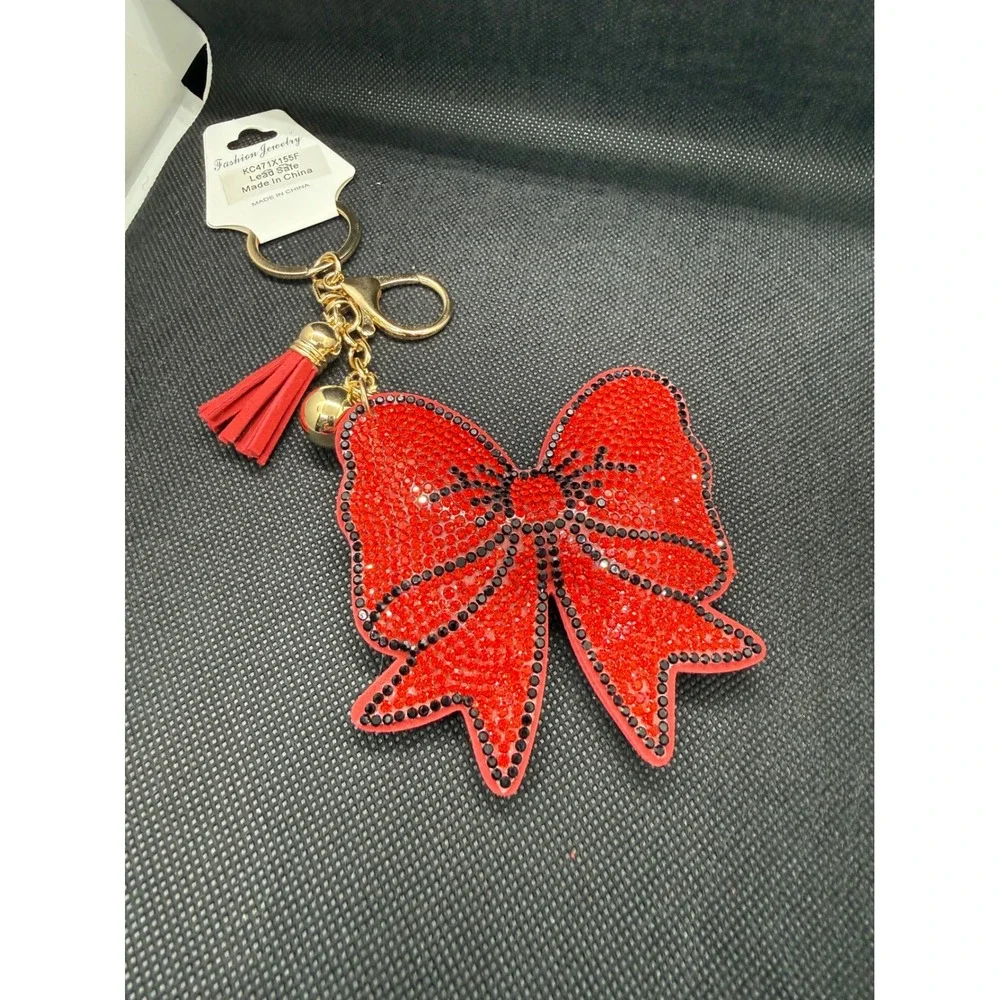 Red Rhinestone Bow Keychain Gold Tone Tassel Bell Bag Charm Whimsygoth