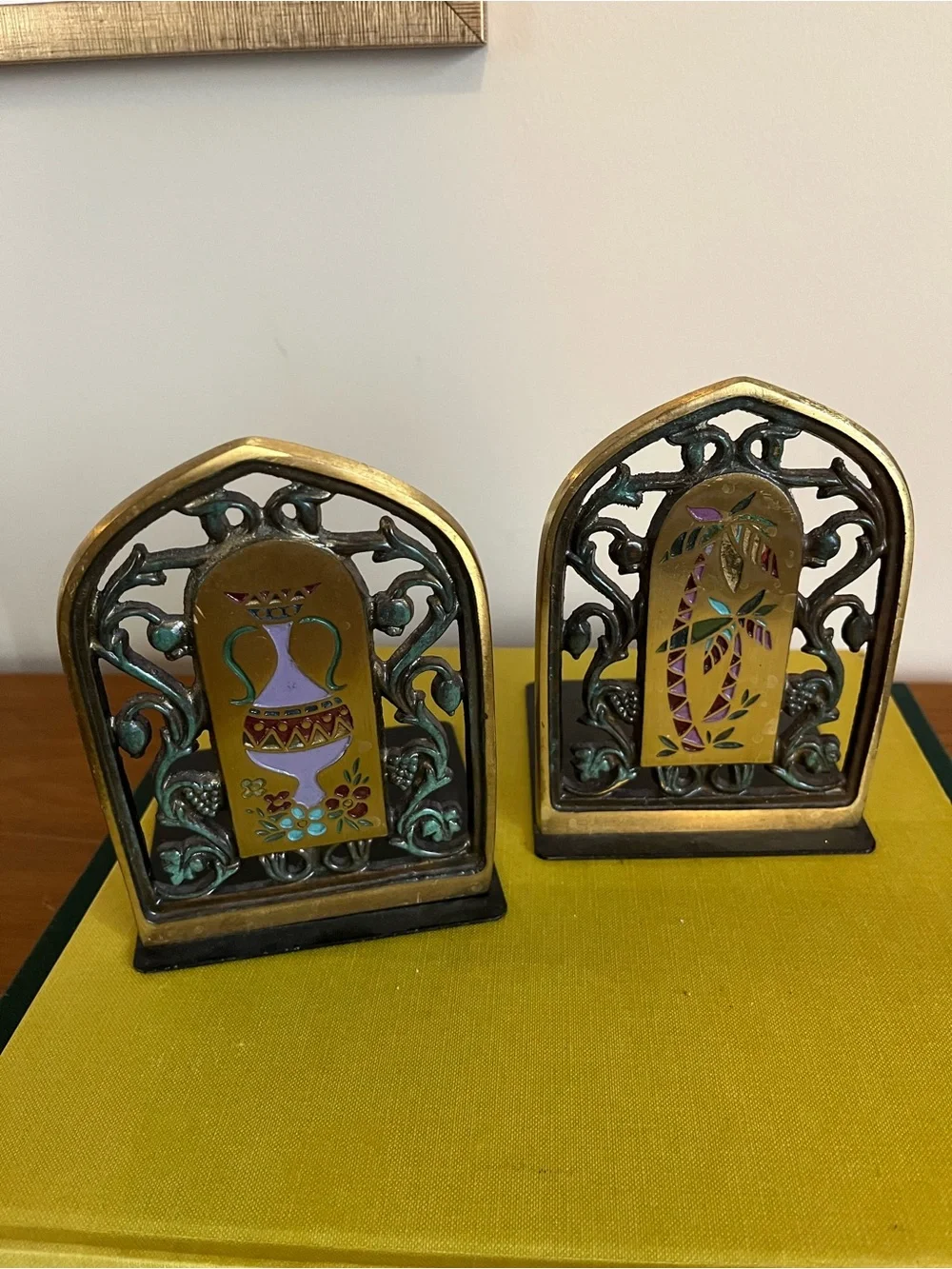 Decorative Brass Bookends with Enamel Inlay - Gold and Teal