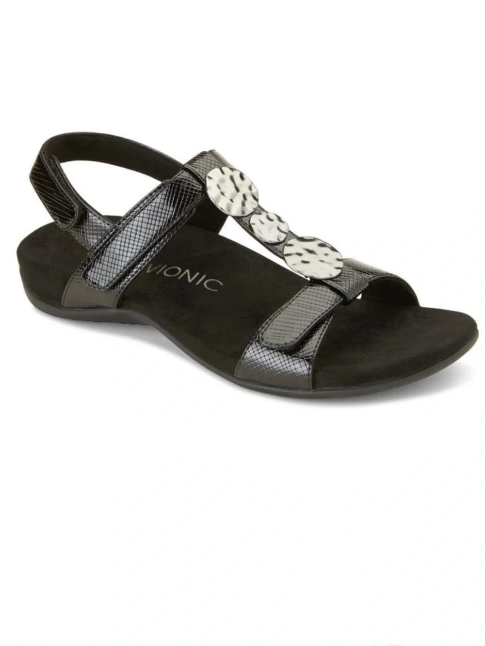 Vionic Farra Lizard Black Faux Leather Sandals Metallic Accent Size 8