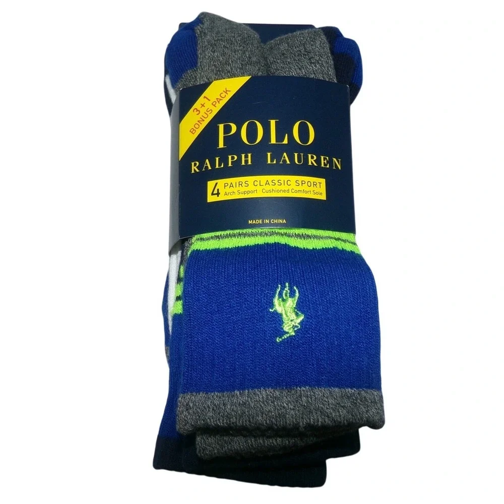Polo Ralph Lauren Mens 4 Pair Classic Sport Crew Socks Blue Grey Neon Green NWT