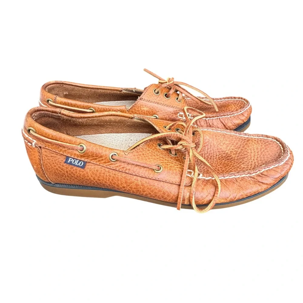 Polo Ralph Lauren Bienne Tan Pebbled Leather Boat Shoes Mens 11D Brown Loafers