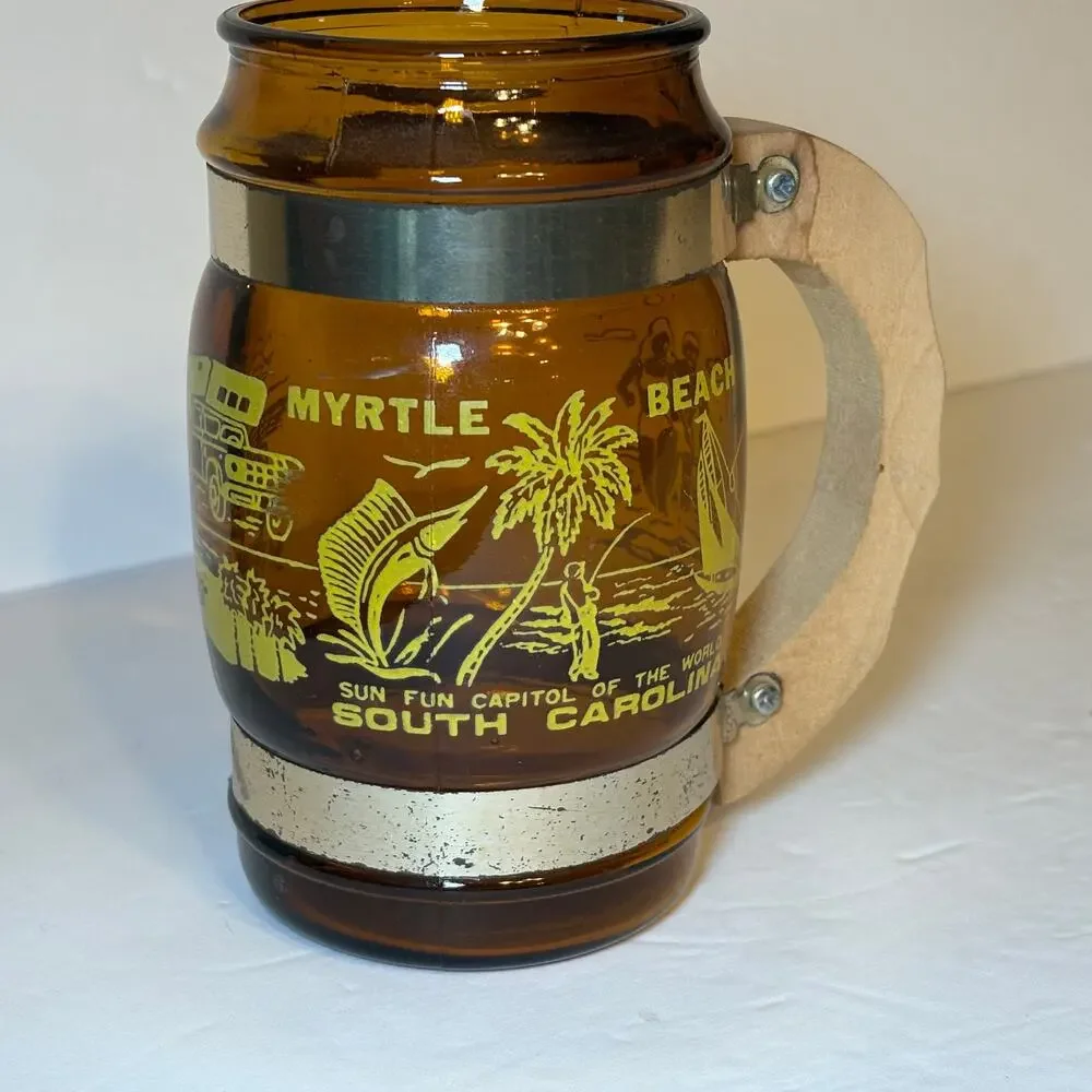 Vintage Myrtle Beach South Carolina Souvenir Brown Glass Barrel Mug Wood Handle