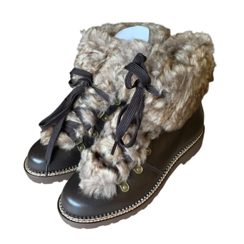 LANDSEND Women’s Leather Faux Fur Cuff Booties, Side Zip