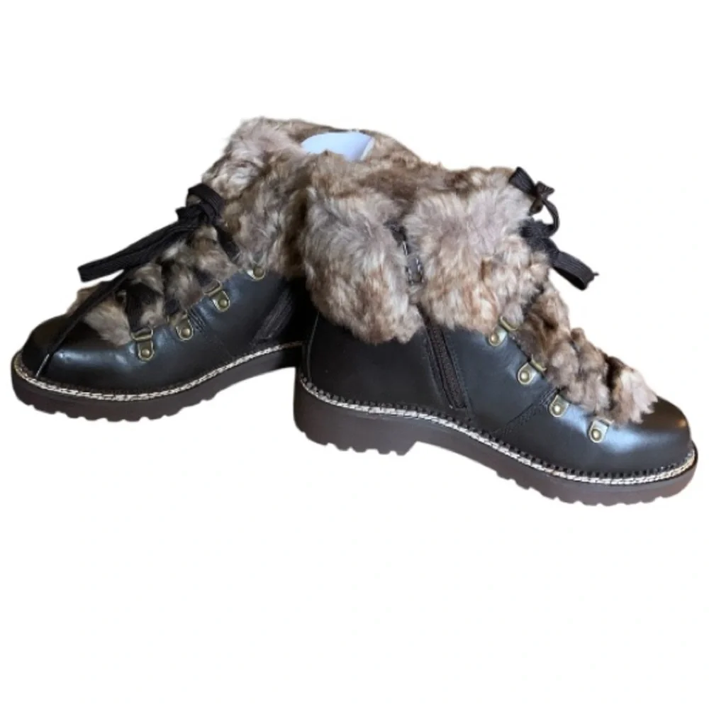 LANDSEND Women’s Leather Faux Fur Cuff Booties, Side Zip