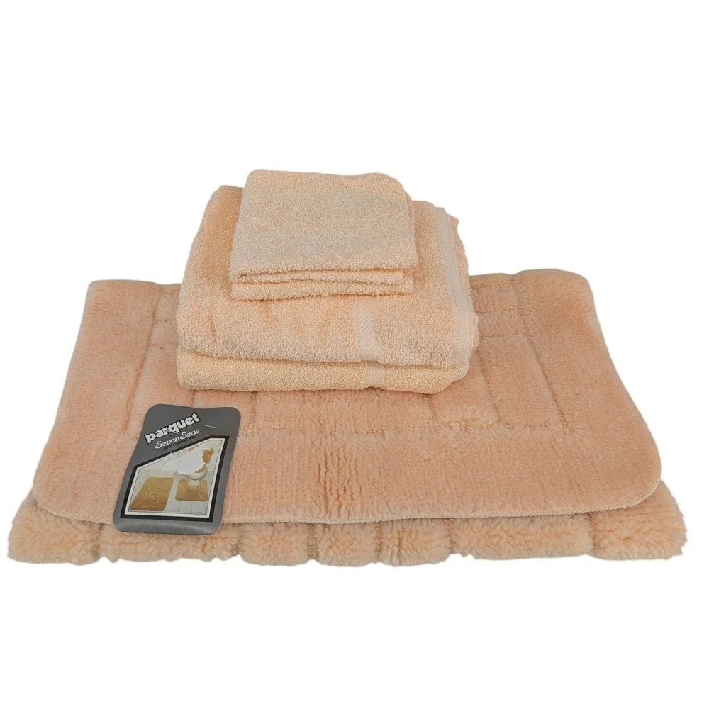 Vintage Seven Seas, Tastemaker Bath Set Peach Rug Towels USA Retro 80s Decor