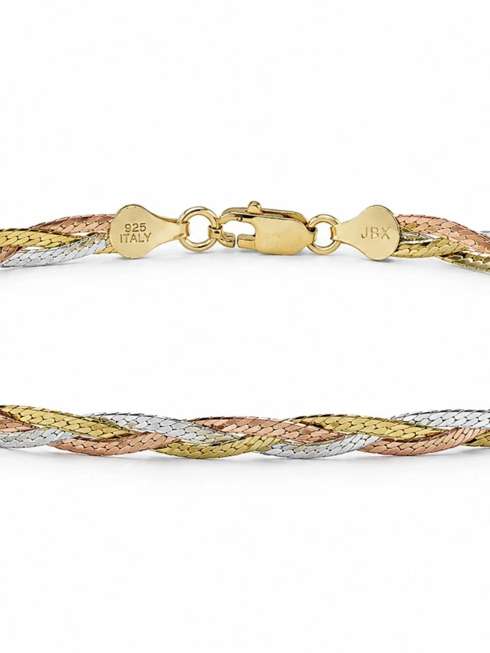 925 Italy JBX Tri Color Braided Herringbone Bracelet Sterling Silver 7.5”