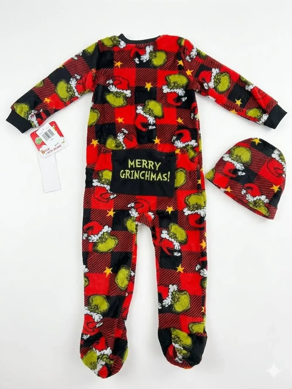 NEW! 3M Dr Seuss The Grinch Holiday AOP Fleece Footed Pajamas w/Beanie