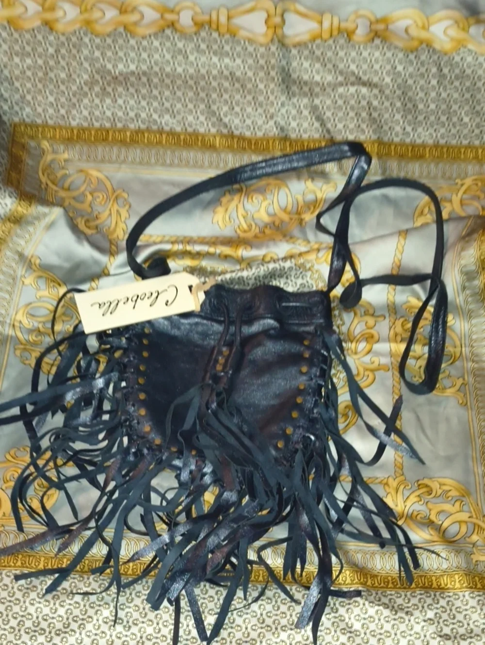 Cleobella Black Fringe Leather Crossbody with Stud Accents