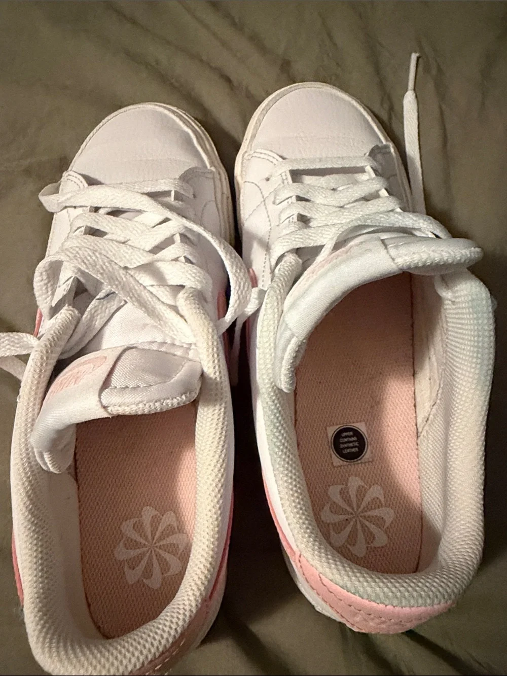Nike Women's White Sneakers with Light Pink Swoosh