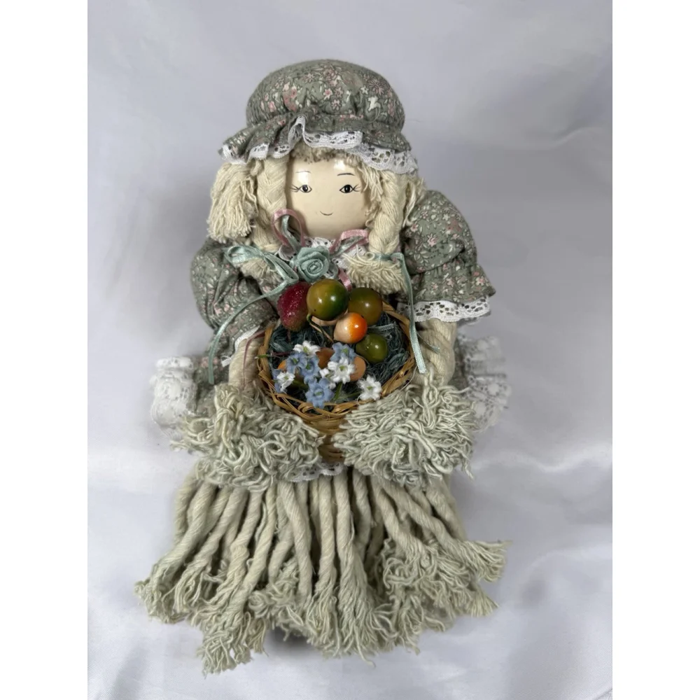 Vintage Mop Doll Shelf Sitter Yarn Porcelain Head WINDS UP PLAYS MUSIC Unique