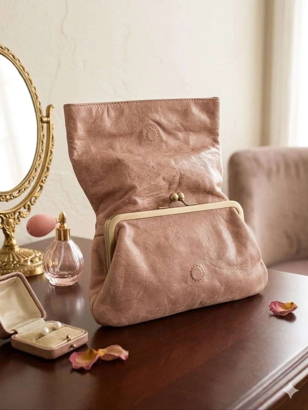 Marciano Angelique Foldover Blush Pink‎ / Dusty Rose Hand Clutch