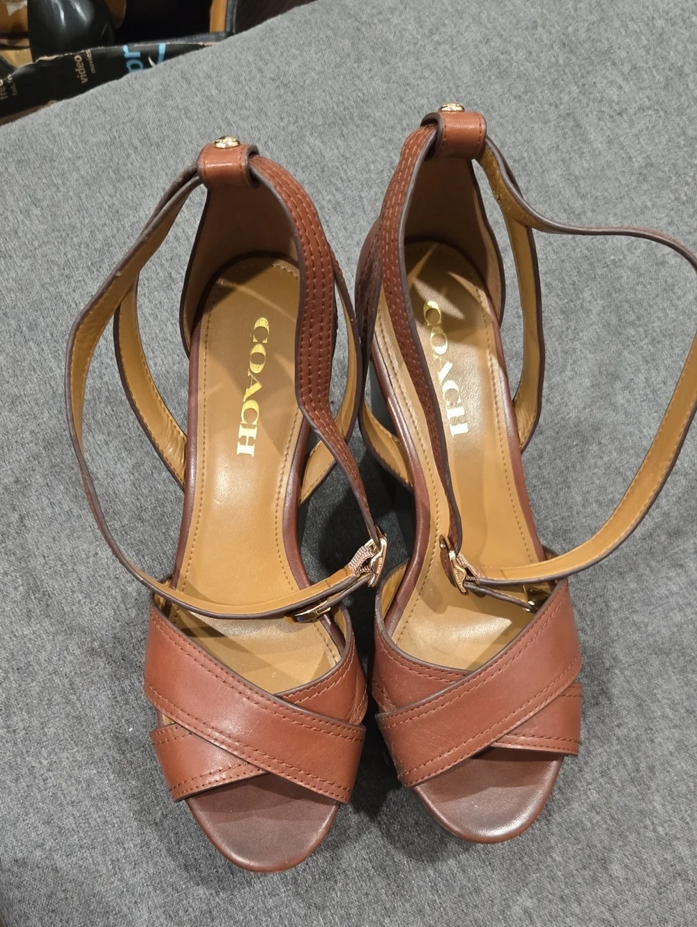 Coach Women's Brown Leather Crisscross Ankle-Strap Heels