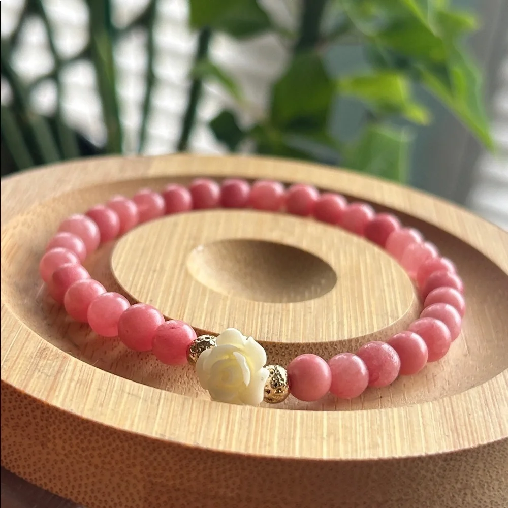 Handmade Pink Quartzite Beaded Bracelet with Rose Accent