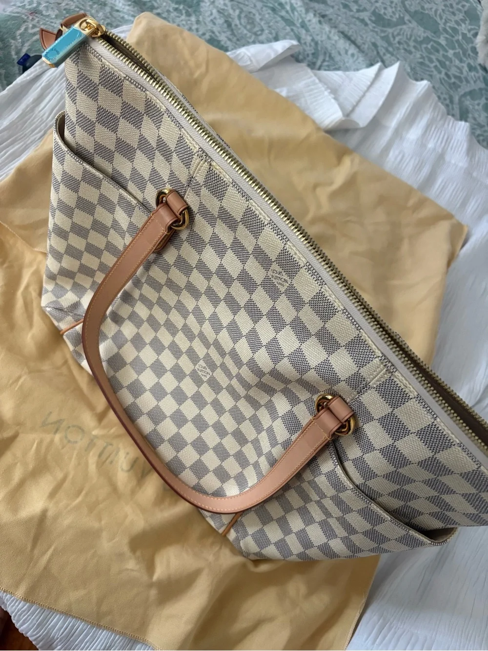 Louis Vuitton Damier Azur Checkered Tote with Tan Leather Handles