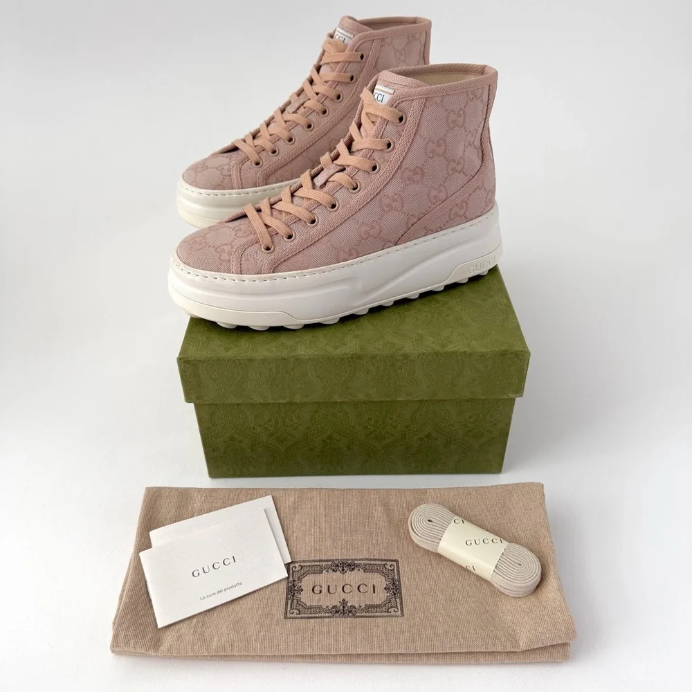 GUCCI | Pink‎ GG Canvas High Top Platform Sneakers Tennis 1977 EU 38