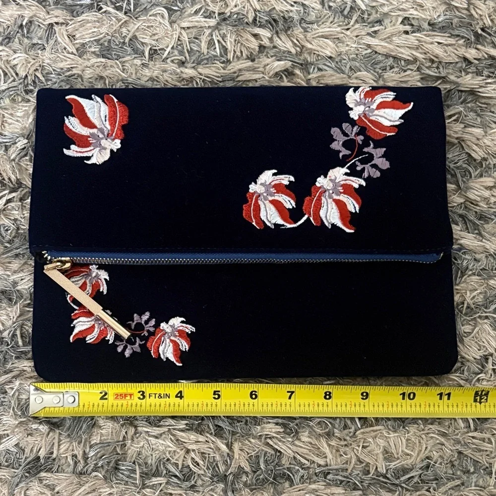 Luxury Handmade Embroidered Sapphire Blue Velvet Clutch, Gold Hardware