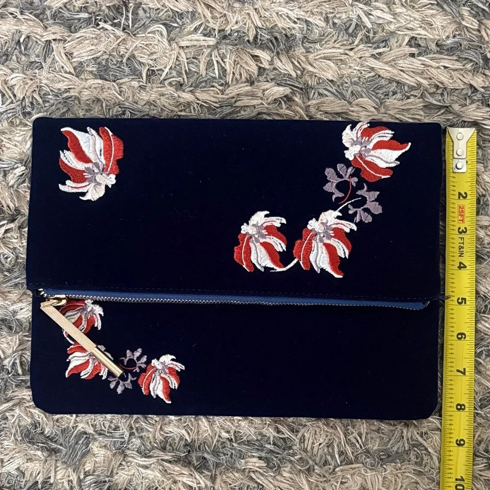 Luxury Handmade Embroidered Sapphire Blue Velvet Clutch, Gold Hardware