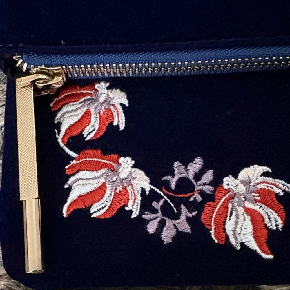 Luxury Handmade Embroidered Sapphire Blue Velvet Clutch, Gold Hardware