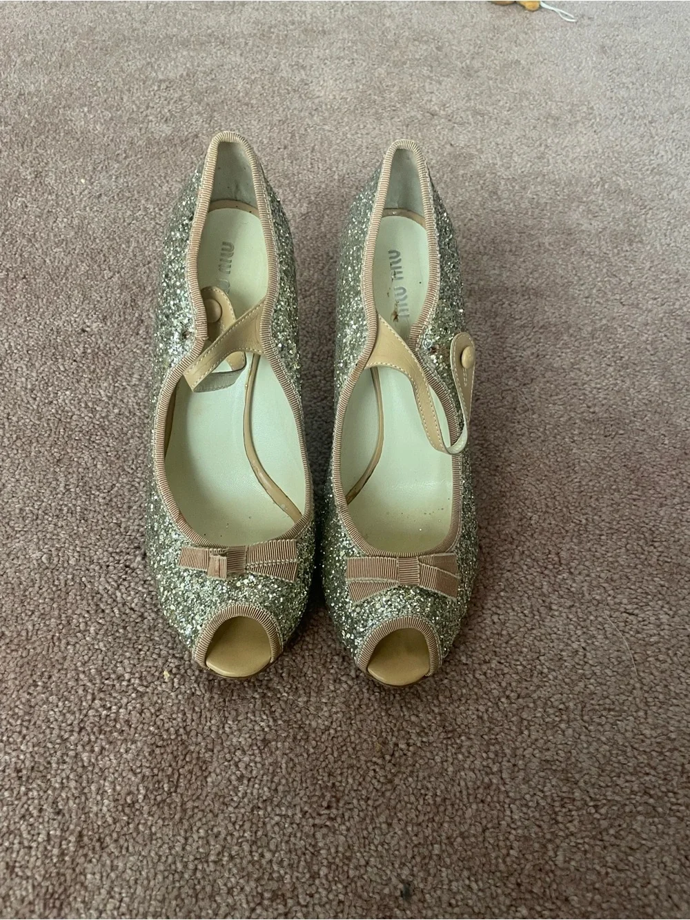 Miu Miu Glitter Peep-Toe Mary Jane Women's Shoes - Gold