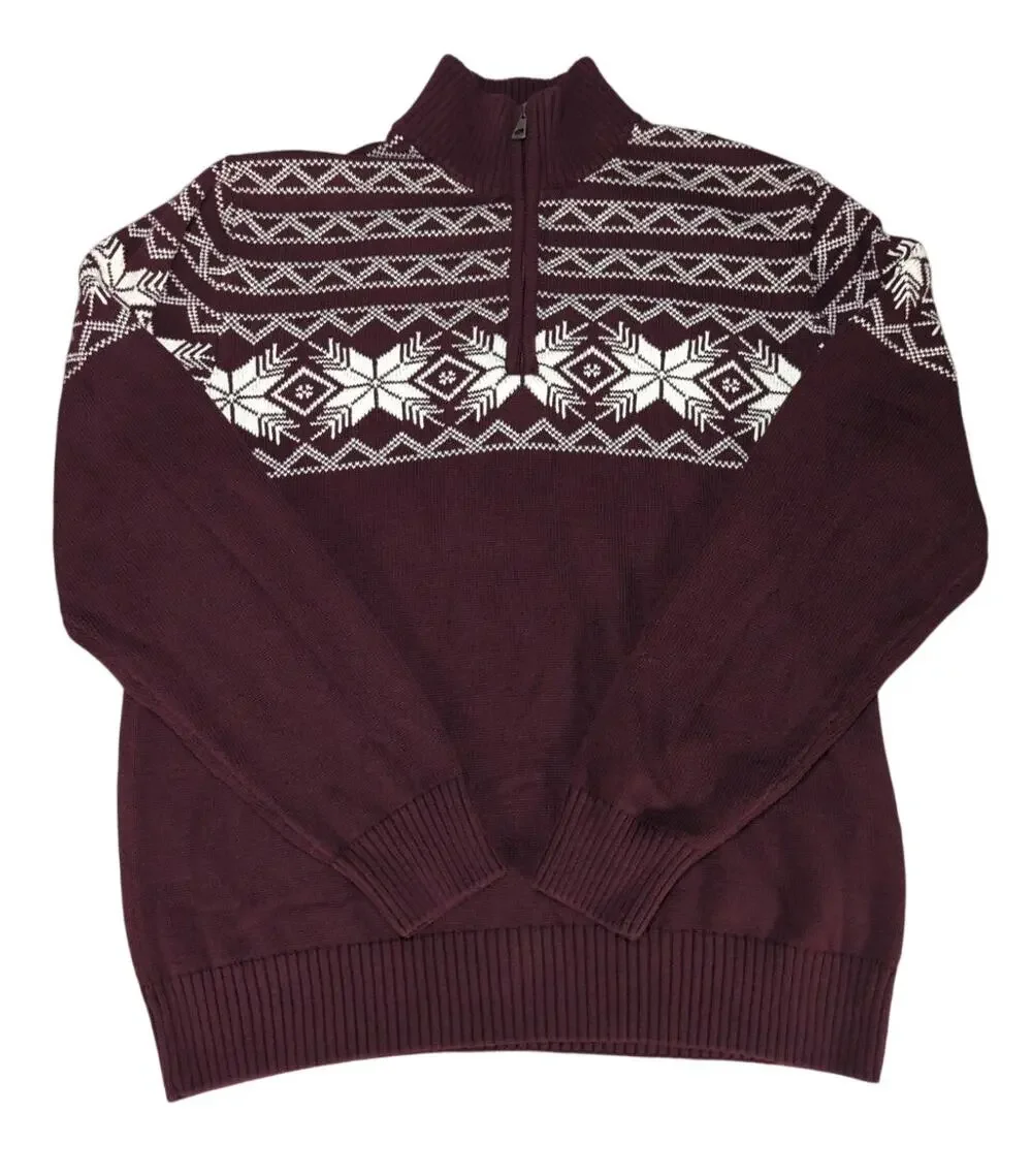 Weatherproof Vintage Mens 1/4 Zip Sweater Fair Isle Knit Cotton Burgundy L