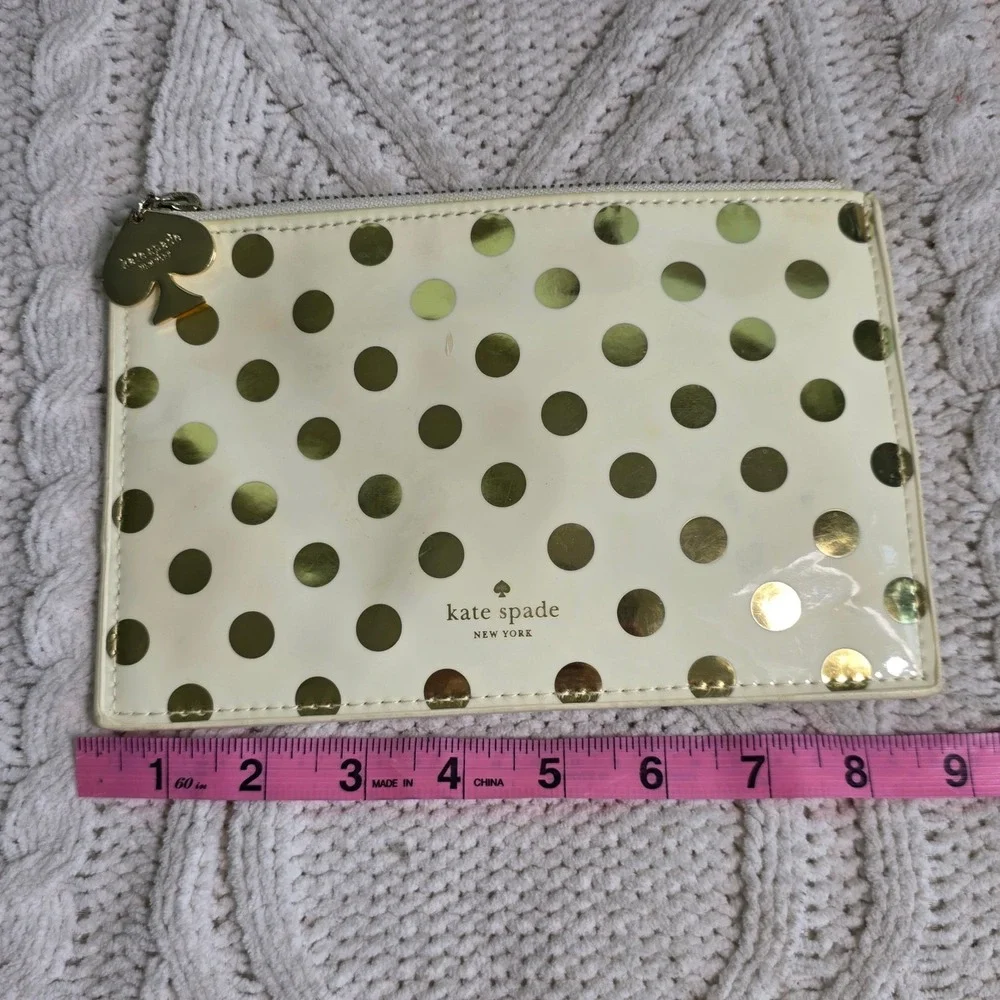 Kate Spade Gold Polka Dot Zipper Pouch Cream Gold Cosmetic Clutch Logo Charm