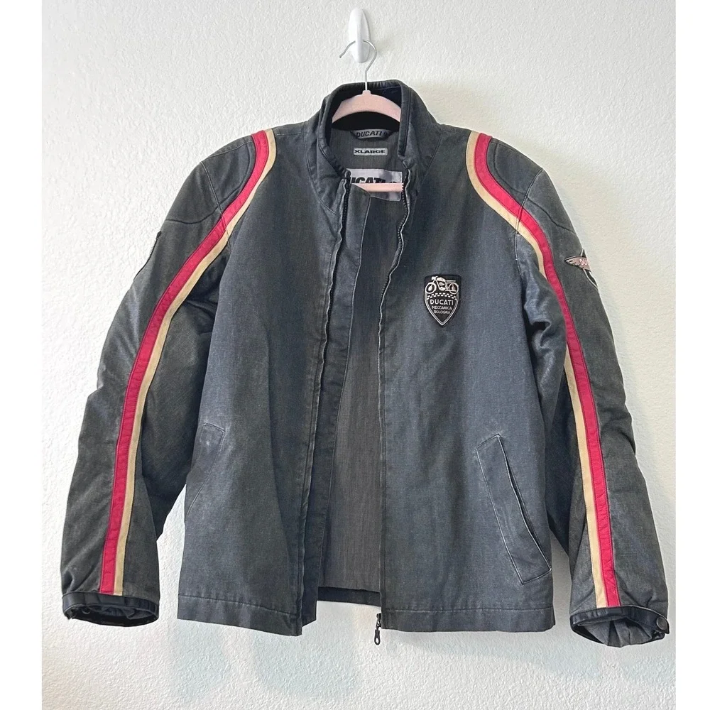 Ducati Meccanica Bologna Motorcycle Jacket Grey Red Stripe Mens XL Vintage Style