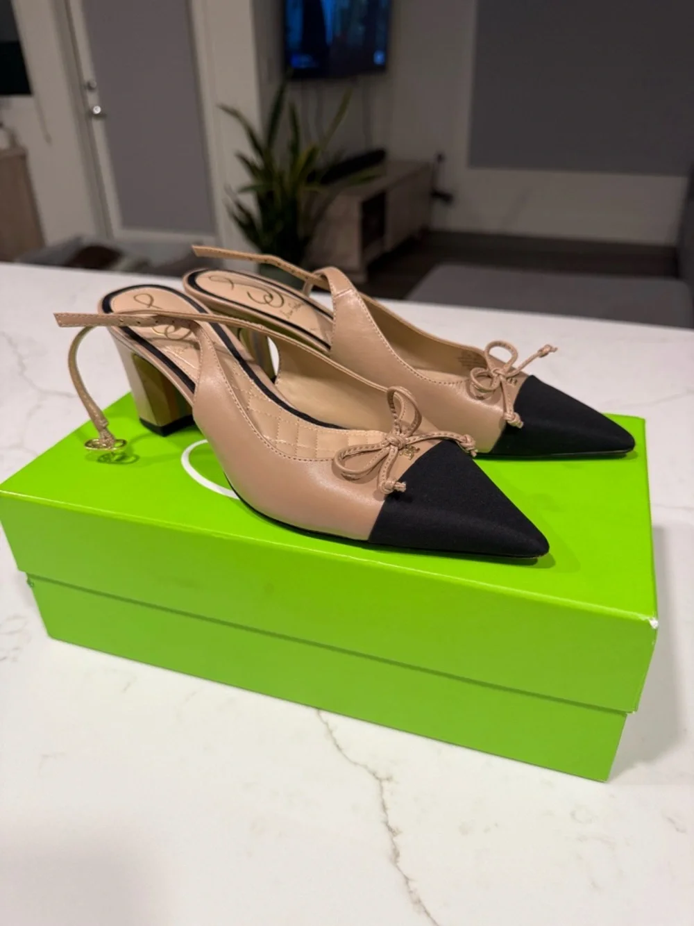 Sam Edelman Beige and Black Pointed Slingback Heels with Bow