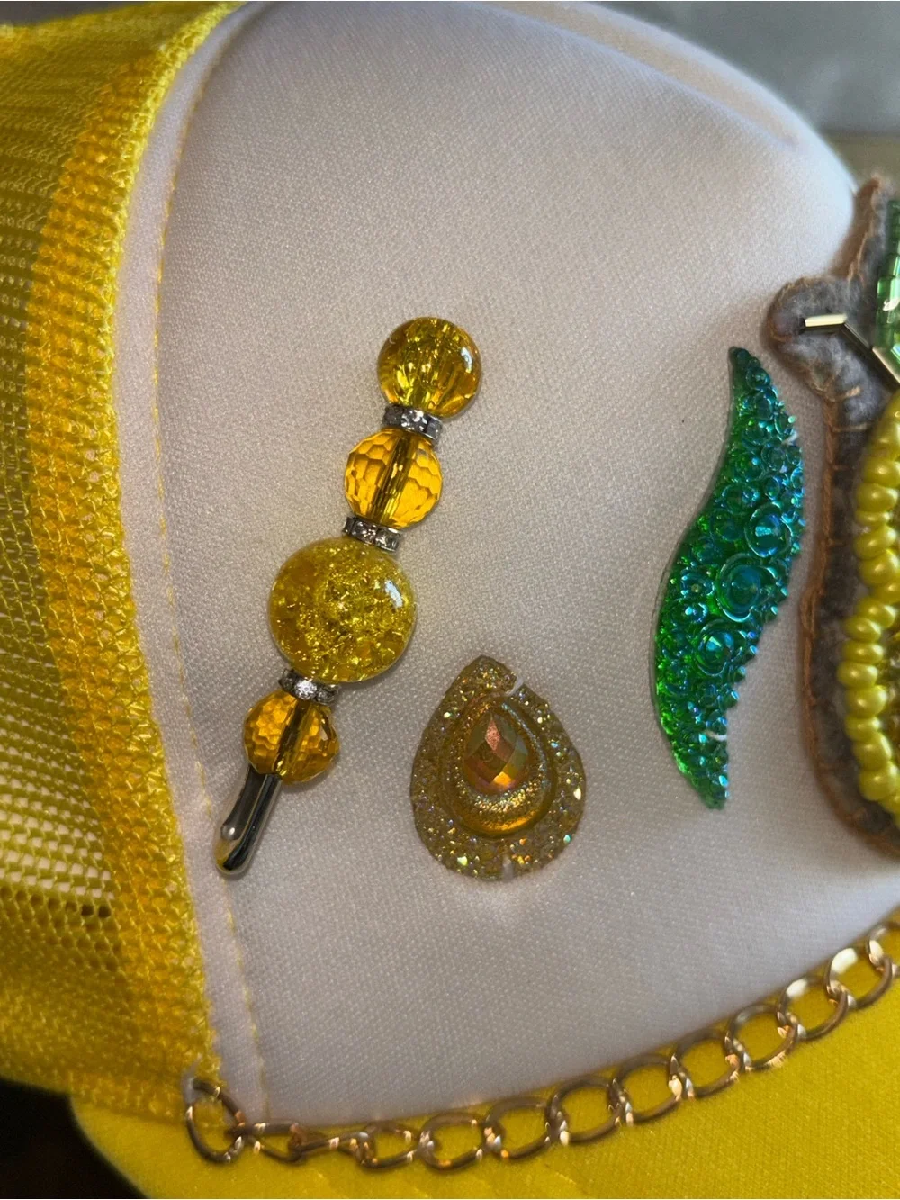 Handmade Embellished White & Yellow Sequin Baseball Cap NWT