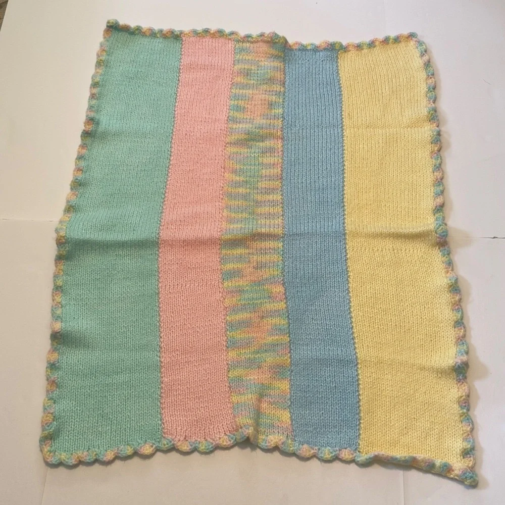 Handmade Knit Baby Blanket Pastel Stripe Scallop Crochet Edge Multi Color 30X38