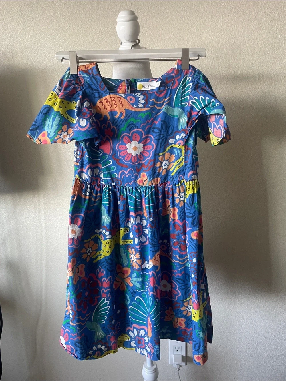 Mini Boden Girls Blue Animal Floral Print Cotton Dress Size 9-10 Years (140 cm)