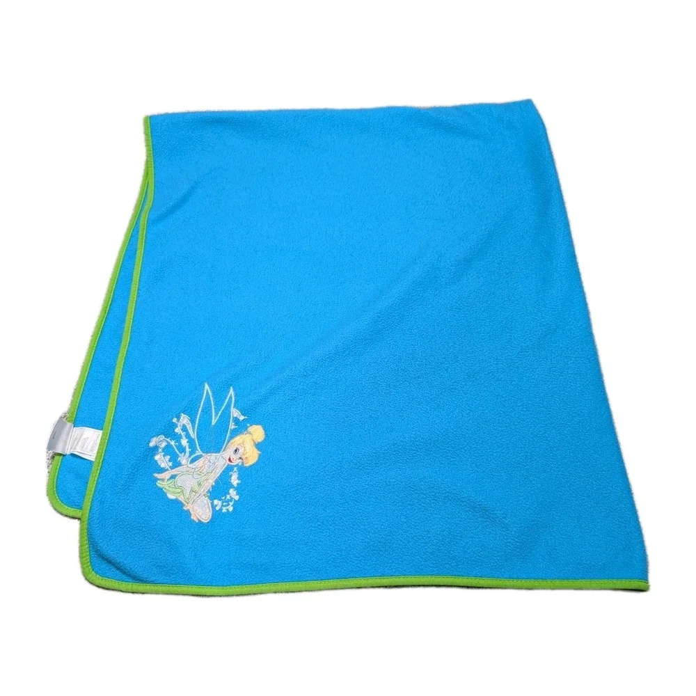 Vintage Tinkerbell Fleece Blanket Throw 60 X 50 Disney Blue Green Trim  LARGE