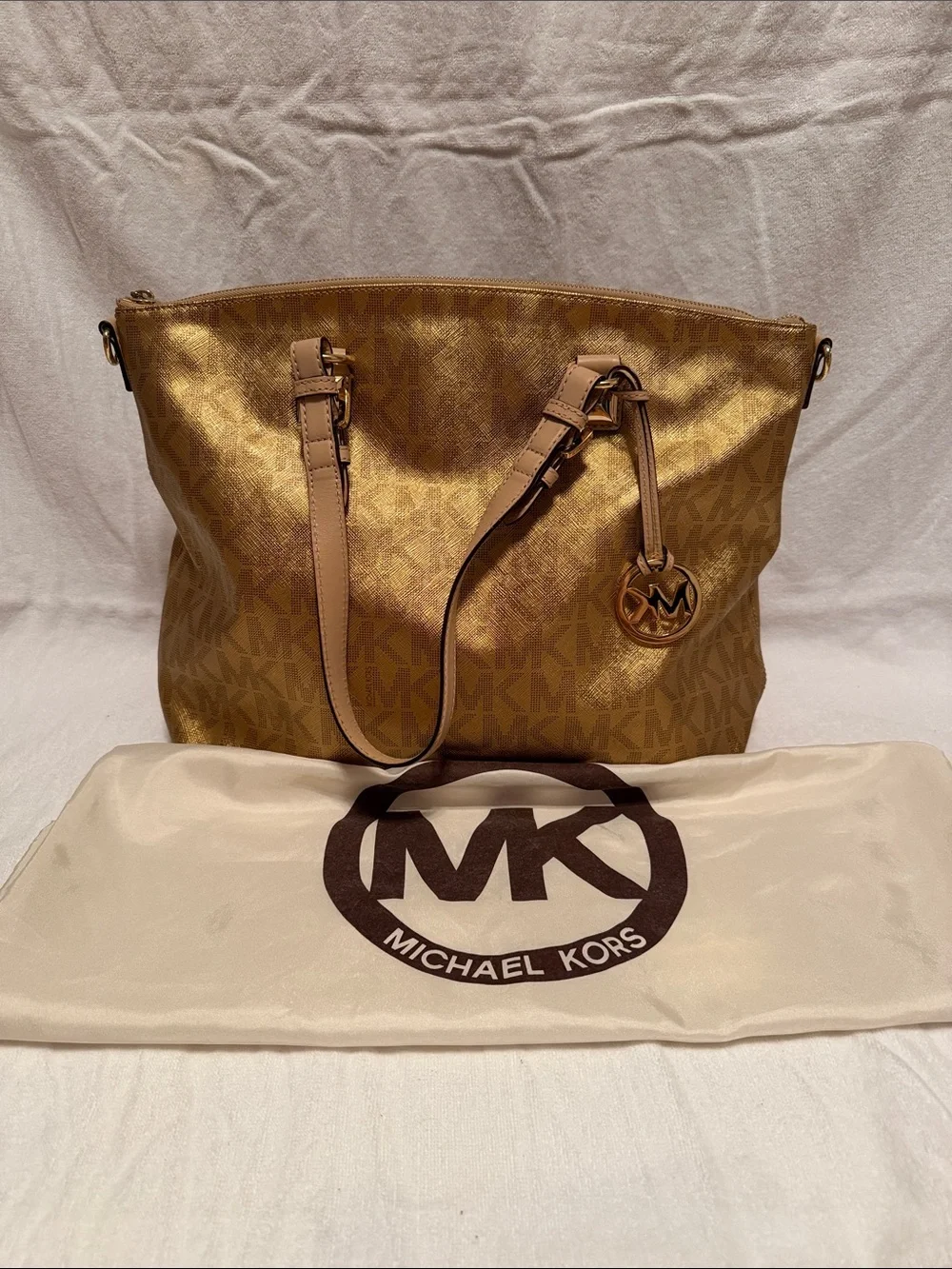 Michael Kors Metallic Gold MK Logo Tote with MK Charm