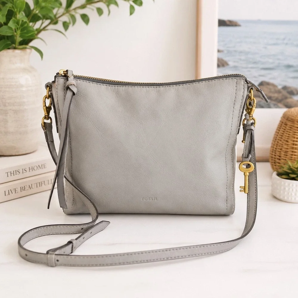 Fossil Gray Leather Crossbody Bag Soft Pebbled Leather Zip Top Key Charm...
