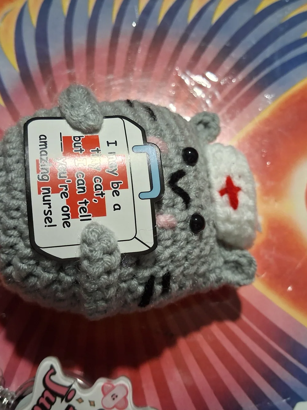 Handmade Gray Crochet Pusheen Nurse Plush with Badge Reel