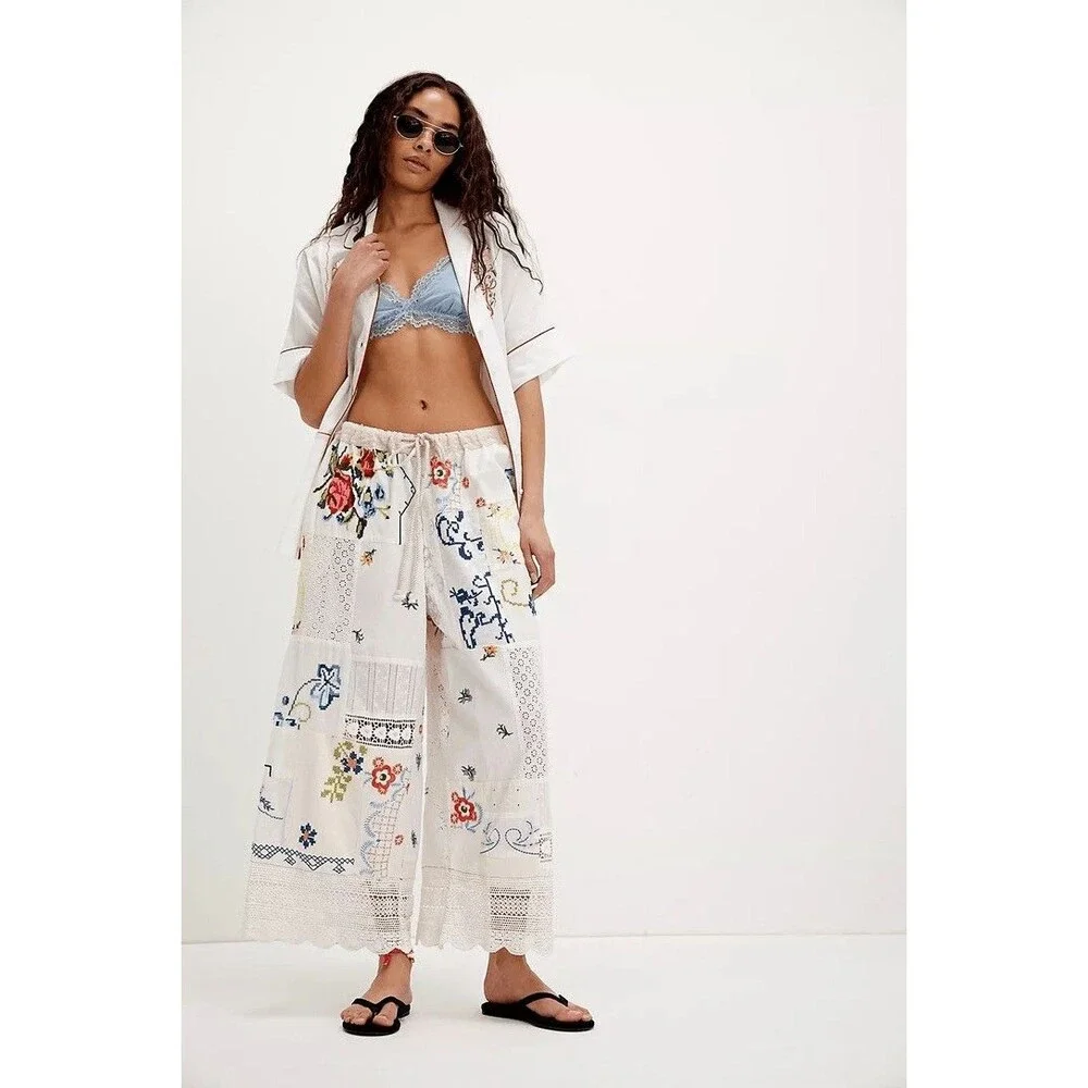 Free People Wallflower Pull-On Pants Embroidered Patchwork  L Imperfection