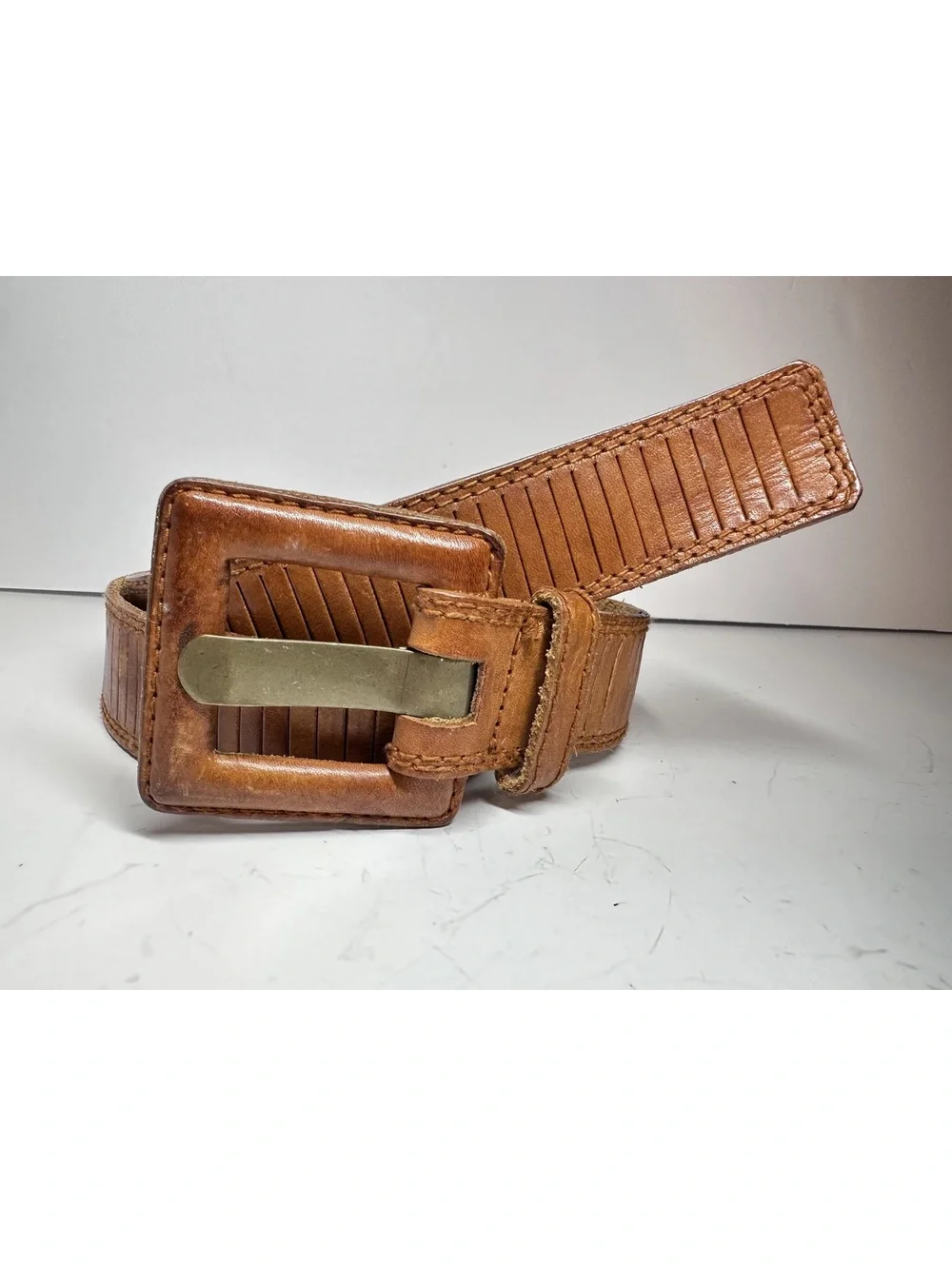 Vintage First Issue Textured Brown Leather-Wrapped Buckle Belt Size M
