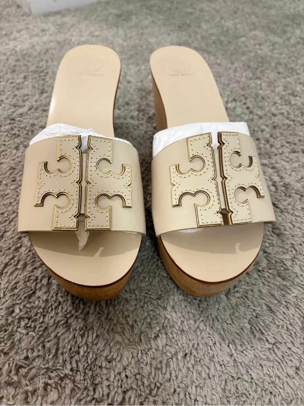 Tory Burch Beige Leather Logo Platform Slides